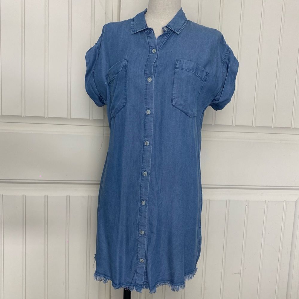Thread & Supply Womens Collared Chambray Button Down Mini Shirt Dress Blue XS